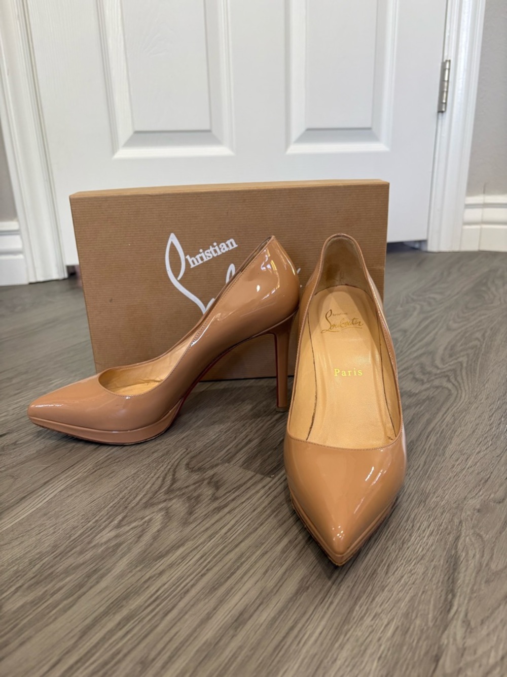Christian Louboutin 100 Patent Leather Nude/Beige Pointed-Toe Pumps - Size 37